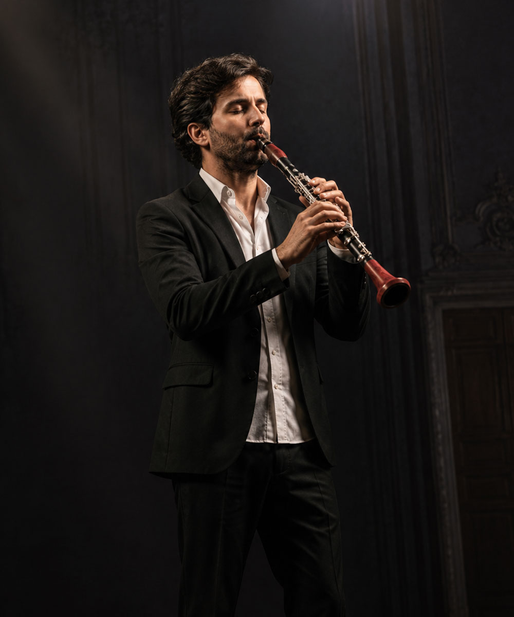 A clarinetist playing an Elephant Foot bell and barrel